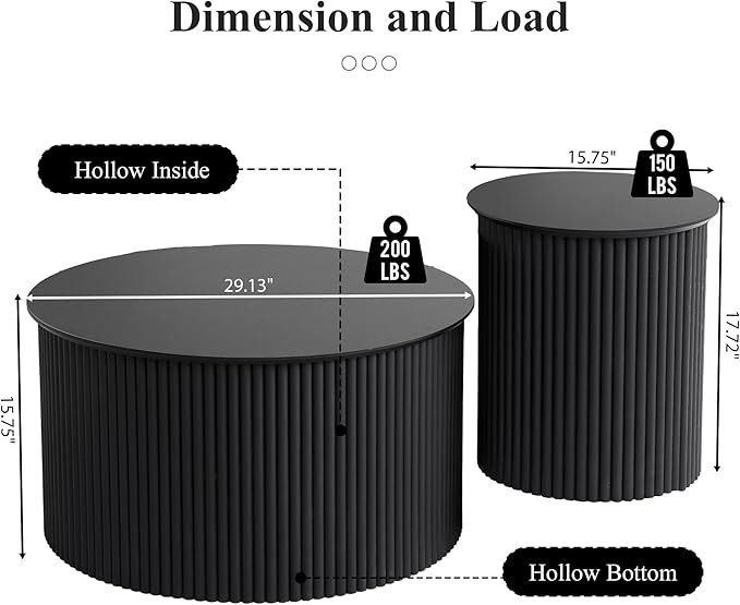 Fluted Round Nesting Coffee Table Set of 2, Mid Century Modern Wood Coffee Table and End Table Set, Minimalist Center Tables Circle Side Table for Living Room, Office(Black