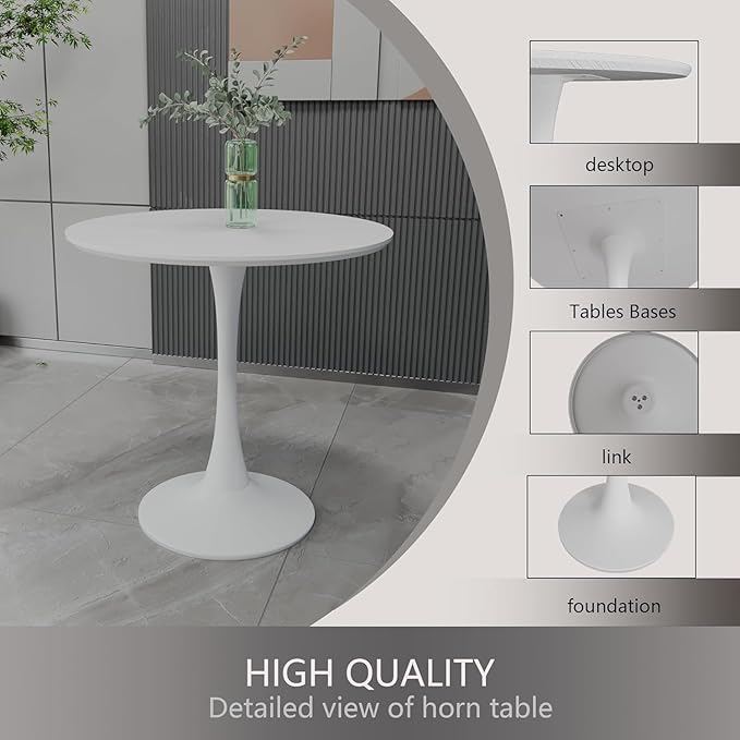 Round Dining Table, Modern Tulip Table, 31.5'' Mid-Century Round Leisure Table with Metal Base for 2-4 Person, Suitable for Living Room, Kitchen, Cafe and Home Office(White)