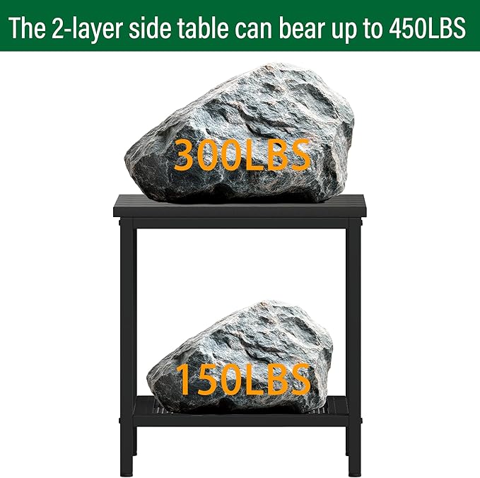 Rectangular Outdoor Side Table with Storage, 2-Tier Patio End Table Weather Resistant, Black Outdoor Accent Table, Small Porch Tables for Pool, Deck, Garden (Black 2PC)