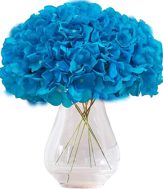 10Pcs Pacific Blue Artificial Hydrangea Flowers Fake Hydrangea Silk Flowers for Wedding Centerpieces Bouquets DIY Floral Decor Home Decoration with Stems(VASE NOT Included)