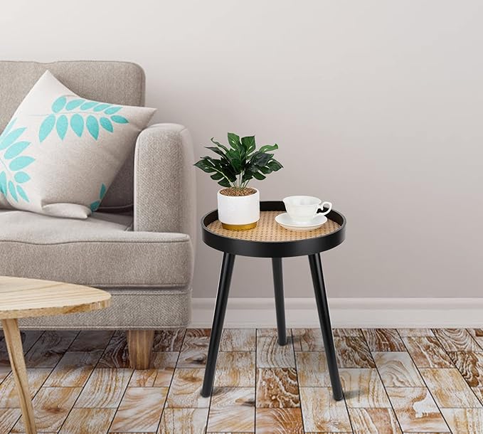 Rattan Round Side Table, Black Small Accent Table, Modern Boho Bedside Mid-Century Patio Side End Tables for Living Room Bedroom Office Balcony