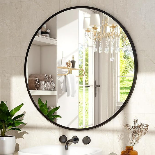 36 Inch Round Mirror - Circle Mirrors for Bathroom, Entryway and Living Room Wall Decor, Modern Hanging Vanity Mirror, Matte Black Circle Decorative Wall Mirror