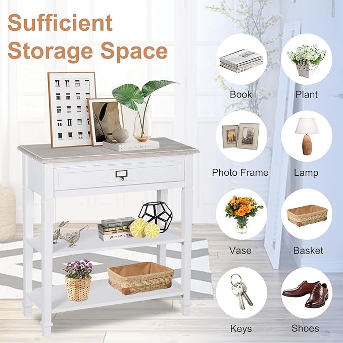 MOTION Narrow Entryway Table - 3 Tier Console Tables for Entryway with Drawer, Shelves, Sofa Table with Storage, Farmhouse Entry Table for Hallway, Living Room, 29 in, White