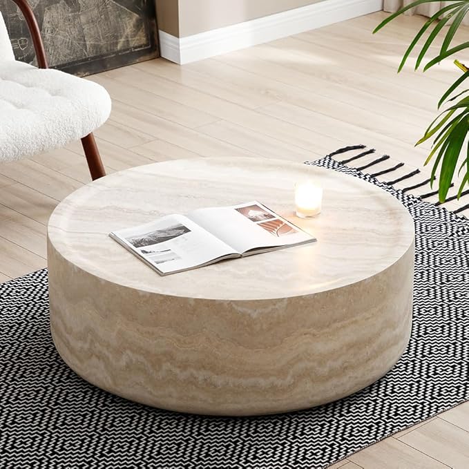 WILLIAMSPACE 35.43'' Round Coffee Table with Mars Pattern for Living Room, Modern Drum Circle Fiberglass Coffee Table Side Table End Table for Living Room, No Need Assembly (Mars Pattern)