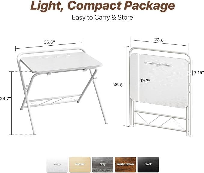 Huuger Folding Desk with 3-Level Adjustable Height and Tablet Slot, 24 Inch Foldable Computer Desk for Small Spaces, Space Saving, Writing Work Table for Home Office, Bedroom, Study, White