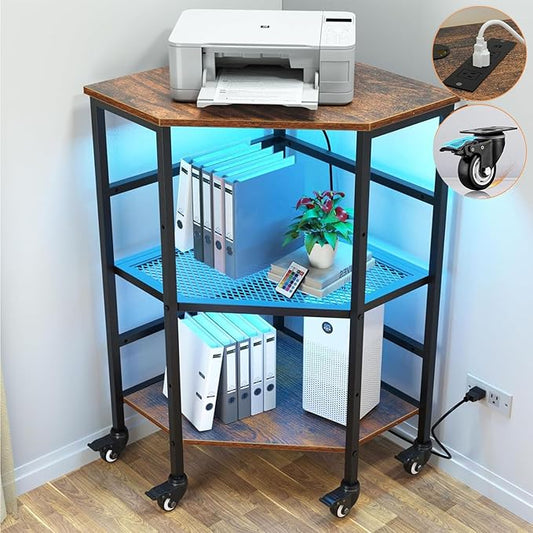 HAIOOU Corner Printer Stand Table with Power Outlet Charging Plugs USB Port & LED Lights, 3-Tier Corner Table with Wheel, Metal Frame Adjustable Storage Shelf for Home Office Kitchen