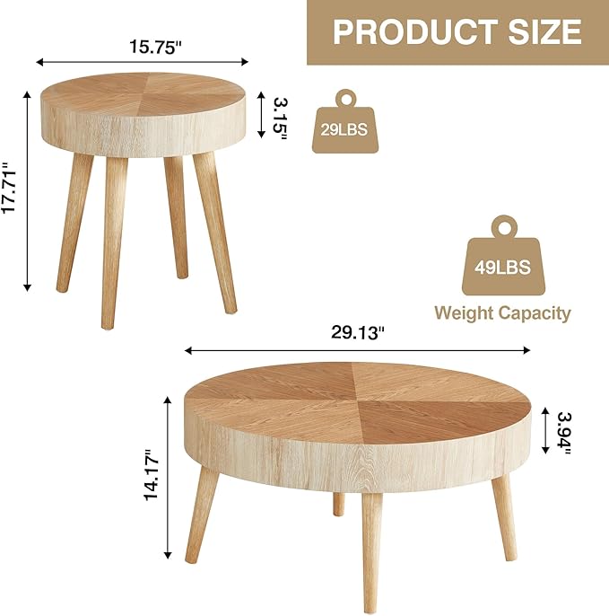 2 Pieces Round Wood Coffee Table Set, Modern Sofa End Table, Accent Side Table for Living Room ﻿ (Natural)