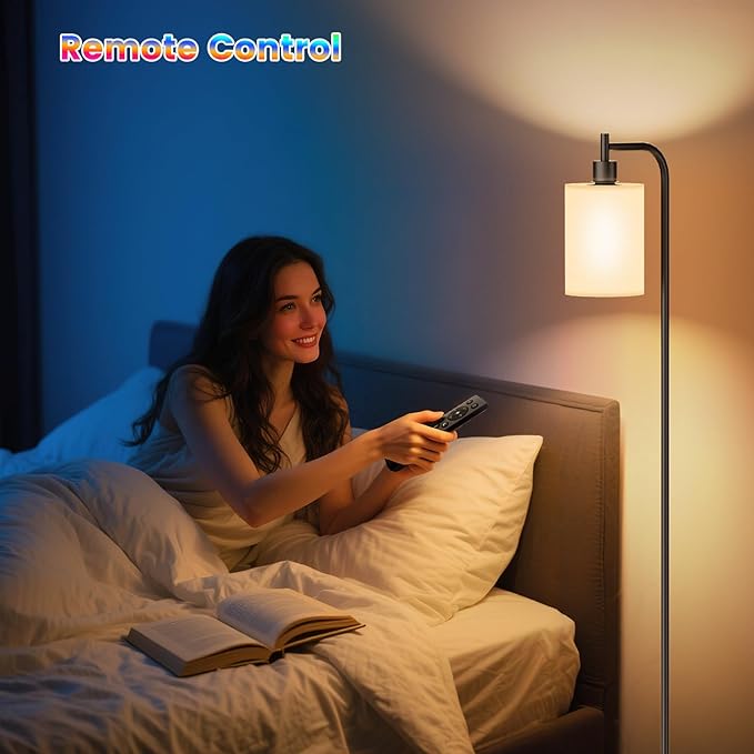 RGB Floor Lamp with Linen Shade, Dimmable Tall Standing Lamp with Remote Control, Color Changing Floor Lamps for Living Room Bedroom Gaming Room, 9W RGB Bulb Included