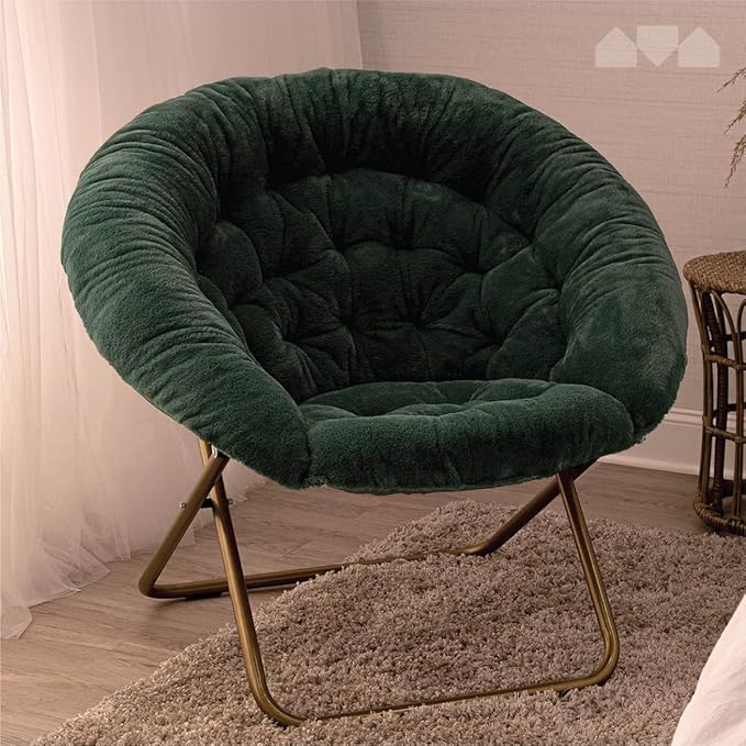 Milliard Saucer Chair For Adults, Teens & Kids, Green, Faux Fur XL Circle Chair for Bedroom, Dorm & Gaming, Foldable Comfy Accent Seat for Small Spaces, Folding Moon / Mushroom / Round Oversized Style