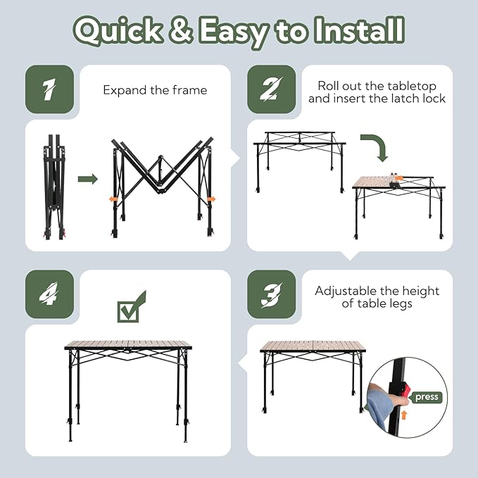 Portable Outdoor Adjustable Height Camping Table, Large for 2-6 Person, Foldable Roll-up Aluminum Camp Table with Carry Bag for Picnic, Camp, Sturdy, Stable, Loads 220 Lbs