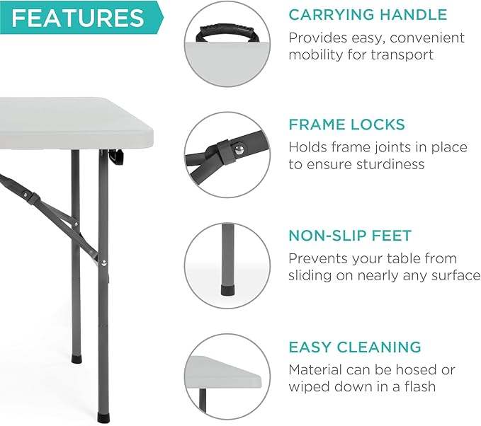 Best Choice Products 4ft Plastic Folding Table, Indoor Outdoor Heavy Duty Portable w/Handle, Lock for Picnic, Party, Camping - Light Gray