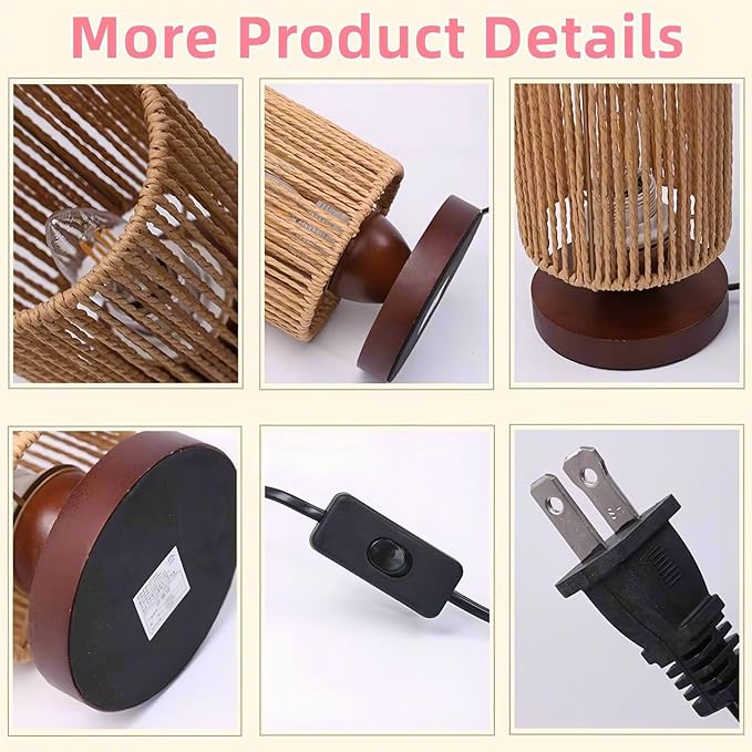 Rattan Table Lamp,Boho Small Beside Lamp,Farmhouse Table Lamp for Room Decor,Vintage Wicker Wooden Nightstand Bamboo Woven End Table Lamps for Bedroom Living Room Desk Kids Room,LED Bulb Included