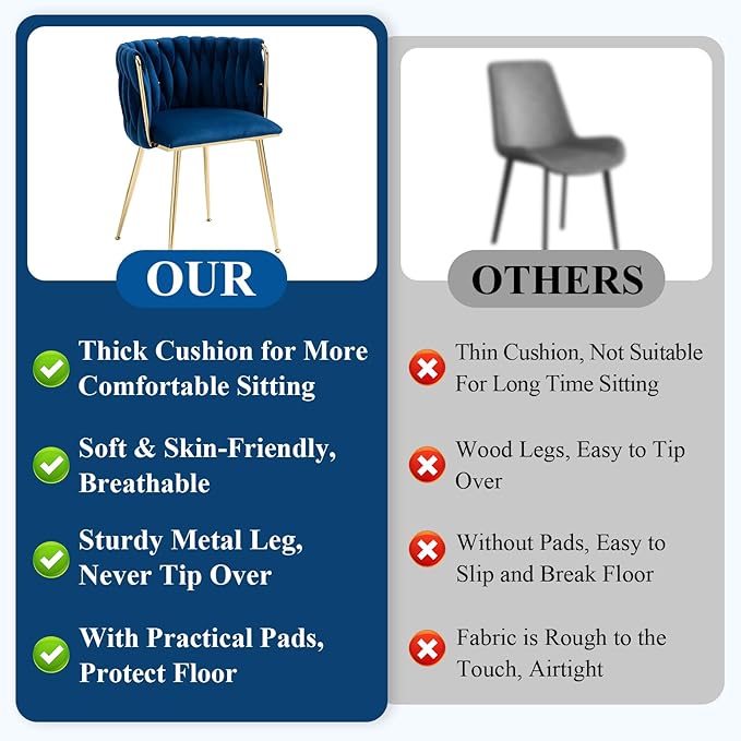 NIOIIKIT Modern Velvet Dining Chairs Hand Weaving Accent Chairs Living Room Chairs Upholstered Side Chair with Golden Metal Legs for Dining Room Kitchen Vanity Living Room (Navy)