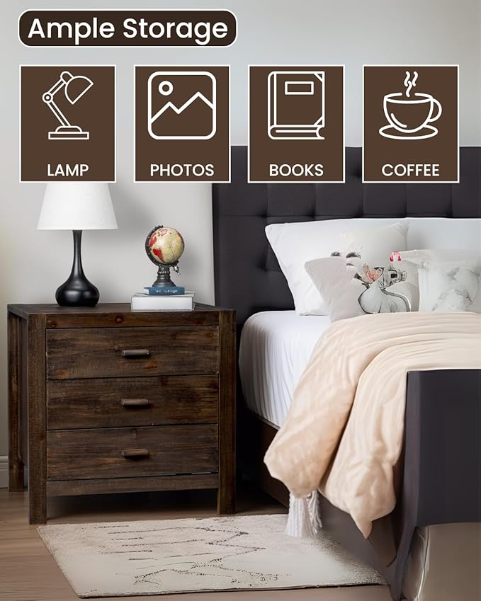 Karl home Nightstand with Charging Station, Farmhouse Nightstand for Bedroom, Pine Wood Night Stand with 3 Drawers, End Table Bedside Table with 2 USB Parts, Living Room, Entry Way, Brown