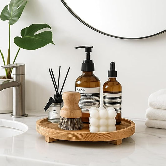 Decorative Round Wood Tray for Bathroom Counter Kitchen Decor Trays Wooden Riser Small Coffee Dining Table Tray Vanity Bathroom Sink Accessories for Soap Perfume Trays Countertop Candle Pedestal Stand