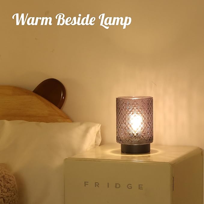 Battery Operated Lamp with Timer, Decorative Small Table Lamp, Glass Cordless Lamps Bedside Lamp for Living Room, Office, Bedroom, Entryway Diamond Design-Grey