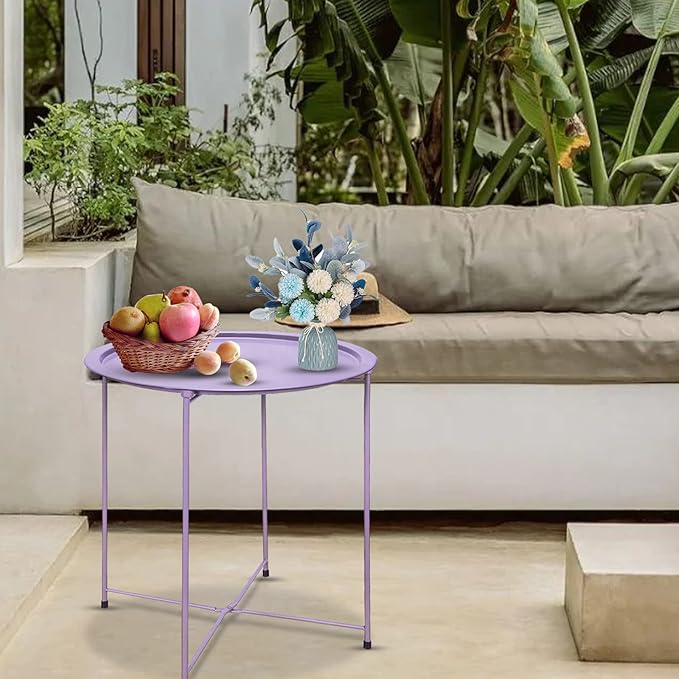 VILAWLENCE Metal End Table Side Table Round Folding Tray, Sofa Small Accent Fold-able Side Table Tray,Outdoor Side Sofa Table, Snack Table for Living Room and Bed Room 18.5 in (Purple)