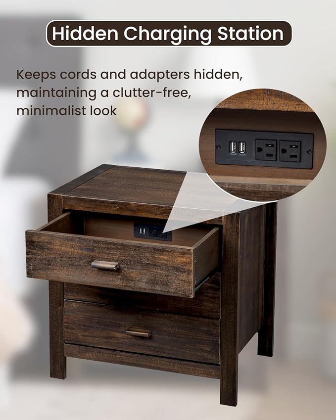 Karl home Nightstand with Charging Station, Farmhouse Nightstand for Bedroom, Pine Wood Night Stand with 3 Drawers, End Table Bedside Table with 2 USB Parts, Living Room, Entry Way, Brown