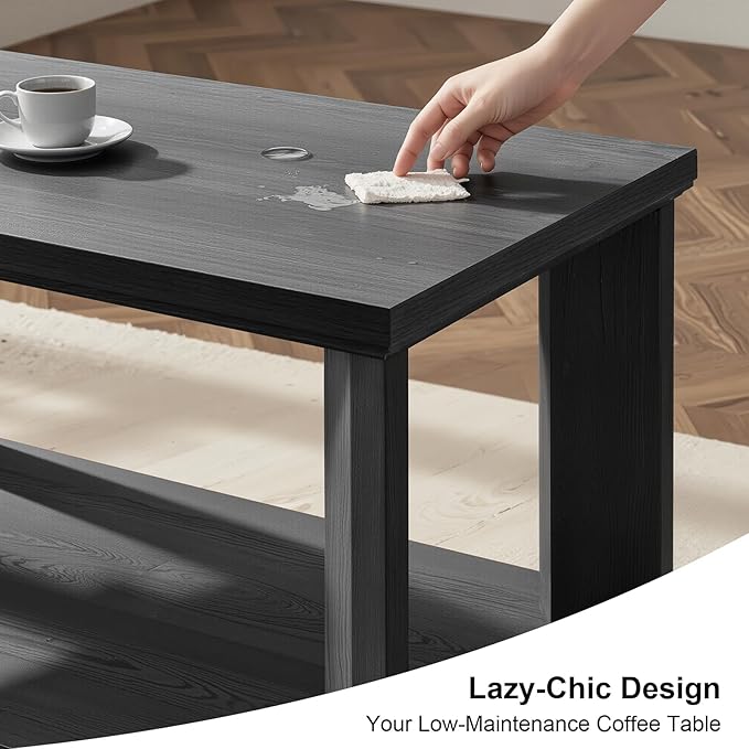 48“ Coffee Table, Wooden Center Table with 2 Tier Storage Shelves, Rectangular Living Room Table Modern Farmhouse Coffee Table for Living Room, Home Office, Bedroom, Apartment, Dark Grey