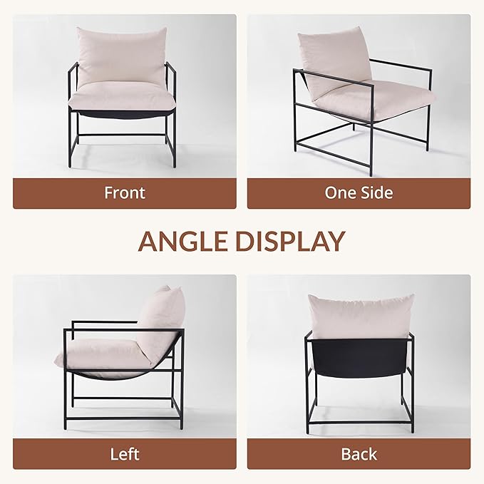 Sling Accent Chair with Metal Frame, Modern Armchair with Memory Foam Cushion, Comfy Lounge Chair for Living Room Bedroom Balcony, Beige