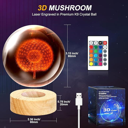 Dandelion Flower Crystal Ball Night Light - 3.15 Inch 16 Color LED Dandelion Glass Ball Lamp with Wooden Base and Remote Control - Perfect Decorations Gifts for Kids, Boys, Girls, Teens