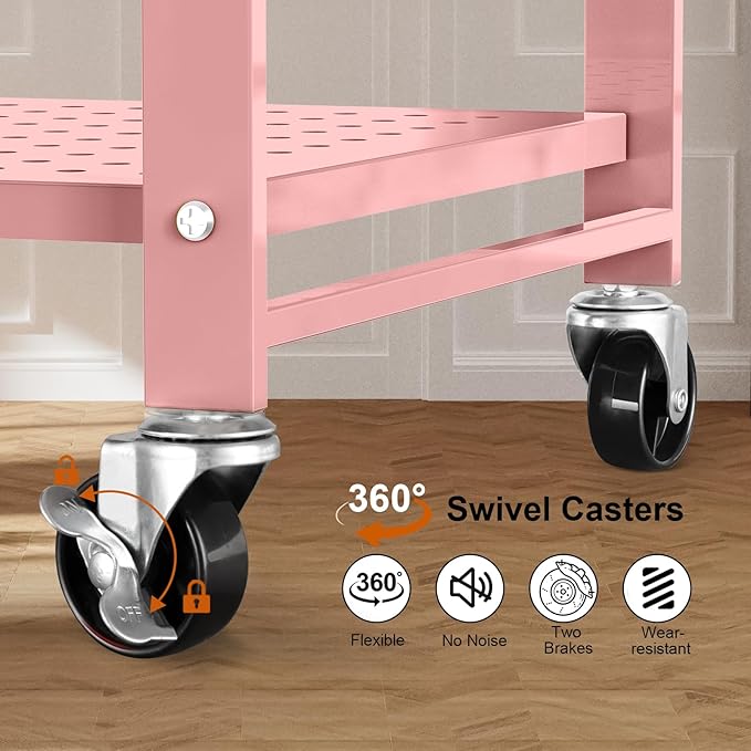 Storage Shelves with 20 Hooks, 5-Tier Foldable Shelves for Storage, Folding Shelf Unit Pantry Shelves with Wheels, Standing Shelving Unit for Kitchen Garage Home Office Room Greenhouse, Pink