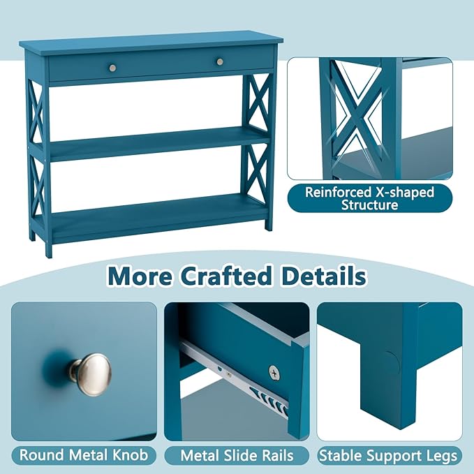 GOFLAME 39" Console Sofa Table with Drawers, 3-Tier Narrow Entry Table with Storage Shelves for Living Room Behind Couch, Entryway (Navy Blue)