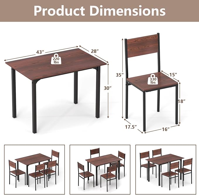 GOFLAME 5-Piece Dining Table Set, Industrial Kitchen Table and Chairs for 4 with Backrest and Metal Frame, Rectangular Space-Saving Dinette Set for Dining Room, Apartment, Small Space, Walnut