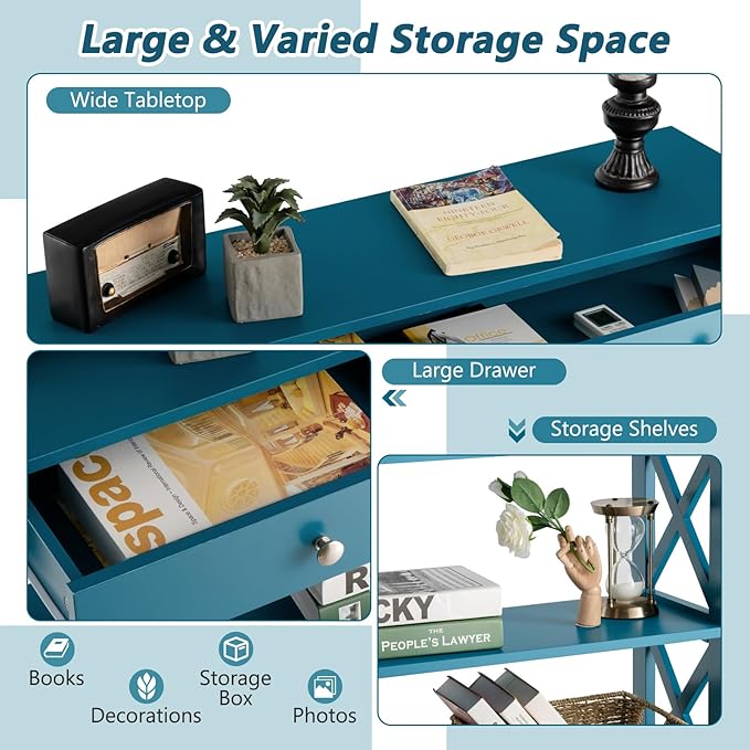 GOFLAME 39" Console Sofa Table with Drawers, 3-Tier Narrow Entry Table with Storage Shelves for Living Room Behind Couch, Entryway (Navy Blue)