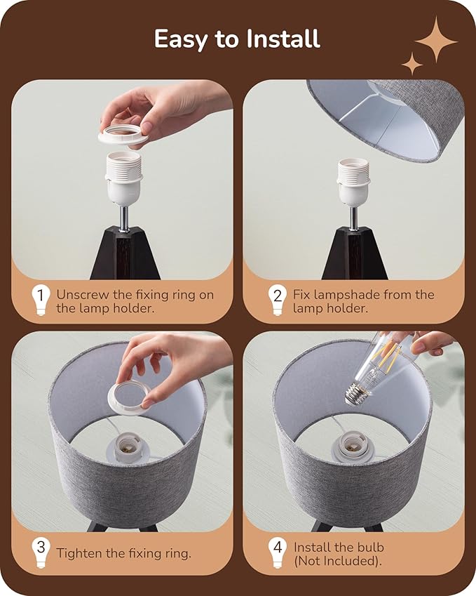 EDISHINE Boho Small Table Lamp, Walnut Color Wooden Tripod Bedside Lamp, Farmhouse Nightstand Lamp for Nursery, Bedroom, Office, Kid Room, Living Room, Grey Linen Lampshade, E26 Socket, 14.2 Inch