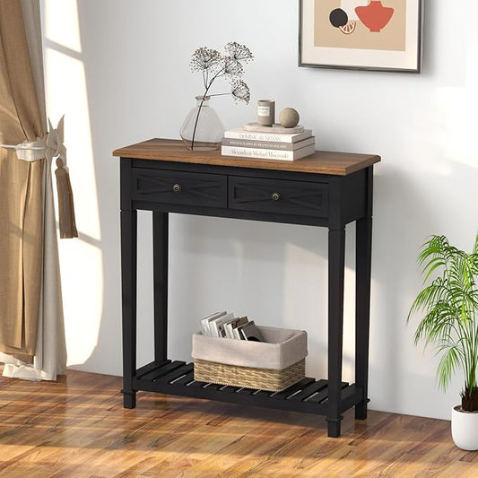 Kinsuite Narrow Console Table with 2 Drawers & Storage, 2-Tier Farmhouse Wooden Entryway Tables, Sofa Table Hallway Table for Living Room Hallway, Black