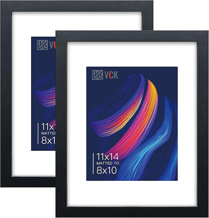 VCK 11x14 Picture Frame Set of 2 - Black, Textured Exclusive Wooden Frames with HD Glass, Display Photo 8x10 with Mat or 11x14 Without Mat