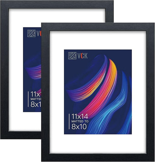 VCK 11x14 Picture Frame Set of 2 - Black, Textured Exclusive Wooden Frames with HD Glass, Display Photo 8x10 with Mat or 11x14 Without Mat