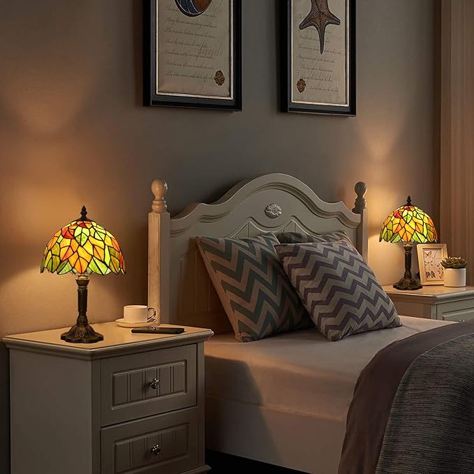 Tiffany Lamp Maple Leafs Stained Glass Bedside Nightstand Table Lamp,3-Way Color Temperature,Handcrafted Small Lamps for Living Room,Bedroom+LED Bulb,Home Decor Gifts,9X9X15Inch