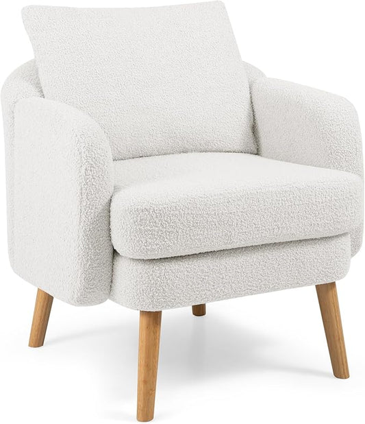 Giantex Sherpa Accent Chair, Modern Upholstered Single Sofa Chair with Back Pillow & Solid Rubber Wood Legs, Teddy Barrel Arm Chair for Reading, Living Room, Bedroom, Office, White