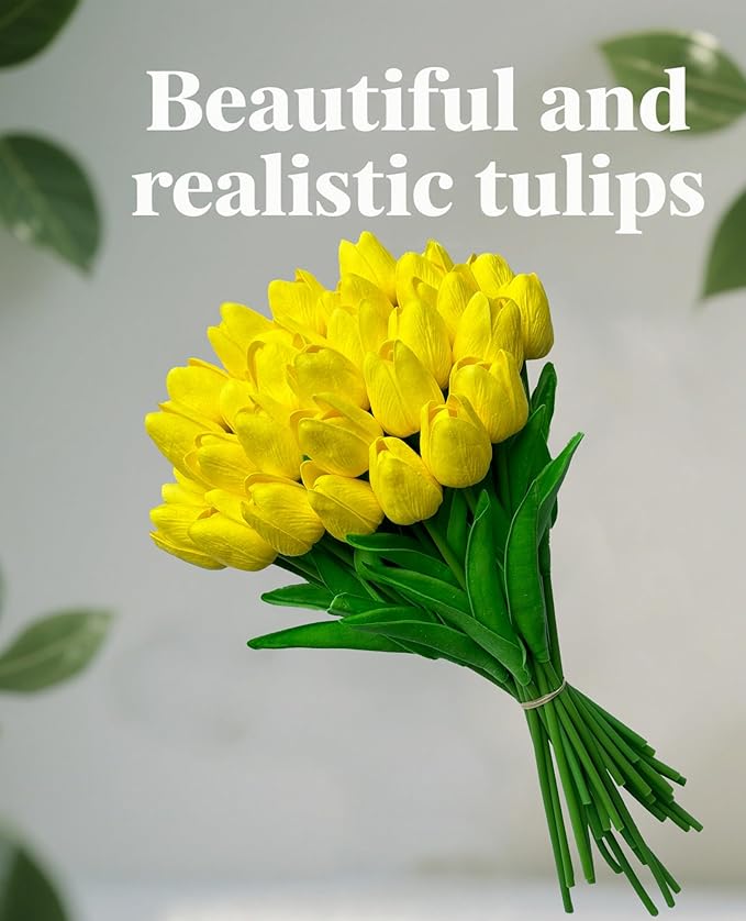 Yellow Artificial Tulip Flowers 15PCS Real Touch Faux PU Tulips Bouquet Faux Spring Flowers for Floral Arrangements Table Centerpiece Kitchen Home Mothers Day Easter Summer Decorations