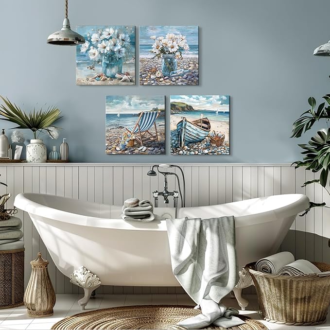 YUEYARIT Bathroom Decor pelican Wall Art Ocean Theme Blue sea Picture Canvas Print Modern Coastal Artwork Framed Hanging Dining Office Living Room