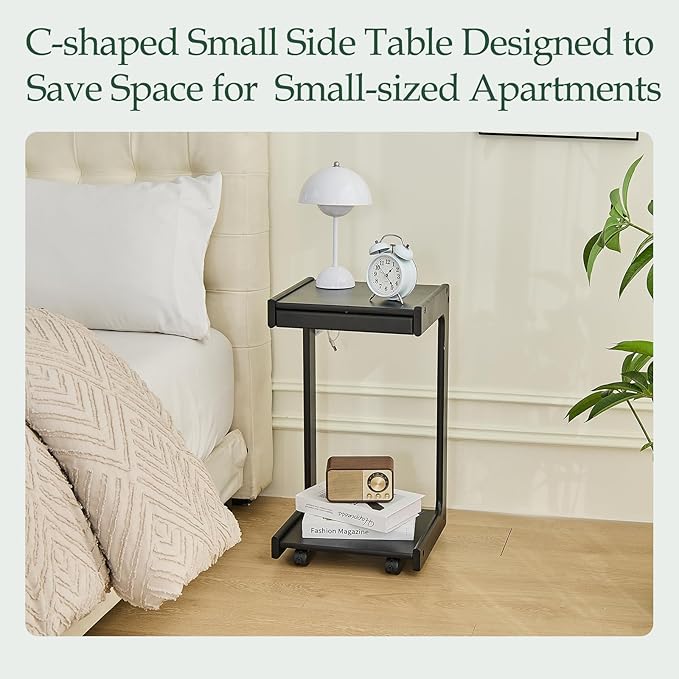 Wood Side Table for Couch - C Shaped Rolling End Table with Wheels, Wooden Modern Small Tv Tray Bedside Tables with Drawer for Sofa Armchair Living Room Bedroom, Black, 13 in x 14.4 in x 26 in