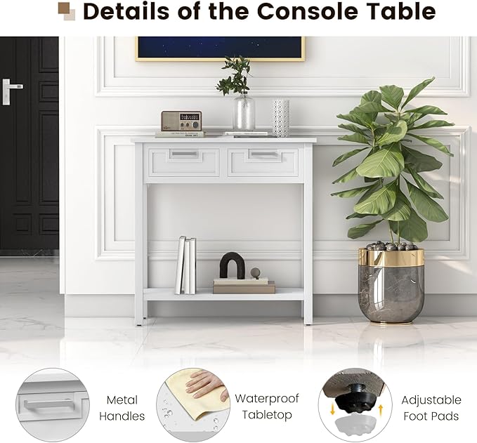 GOFLAME Small Console Table with 2 Drawers, 31” Entry Table with Storage Shelf, Modern, Narrow Sofa Table for Living Room, Hallway, Entrance (White)