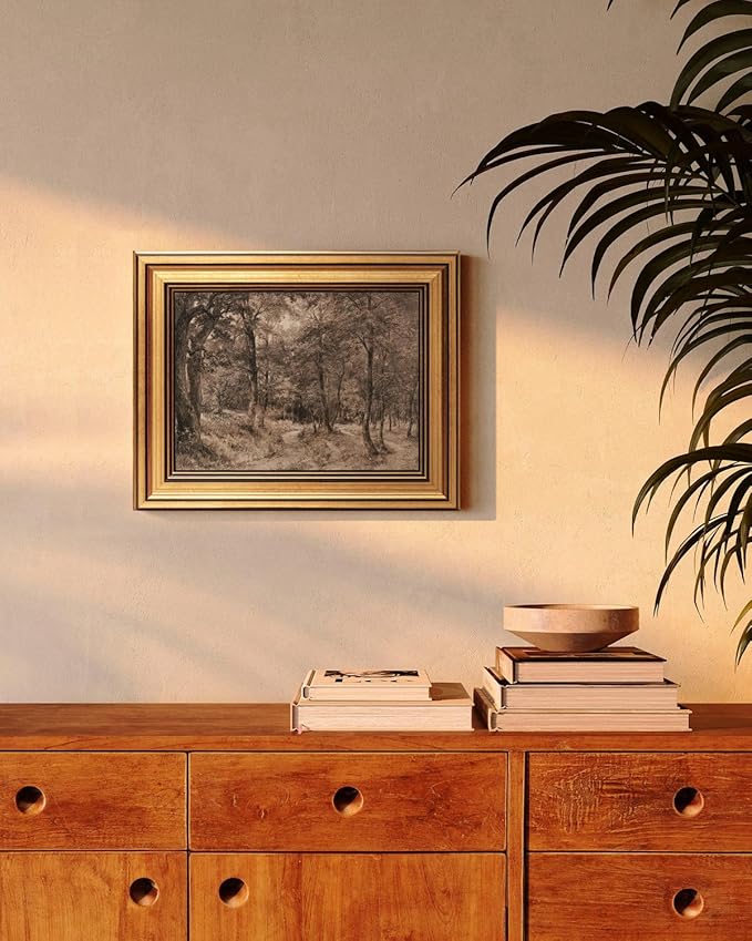 HUARCEY Gold Framed Vintage Wall Art for Living Room Nature Painting Prints Shelf Decor for Kitchen Aesthetic Bedroom Wall Art Gifts Charcoal Landscape Home Decor Farmhouse Path Forest Canvas Artwork