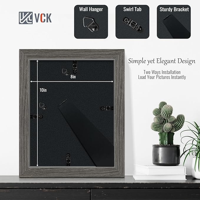 VCK 8x10 Picture Frame 5 Pack - Grey, High-End Wood Poster Frames with Tempered Glass, Display 5x7 Photo with Mat or 8x10 without Mat, Art Gallery-Quality, Wall Hanging/Tabletop, Grey