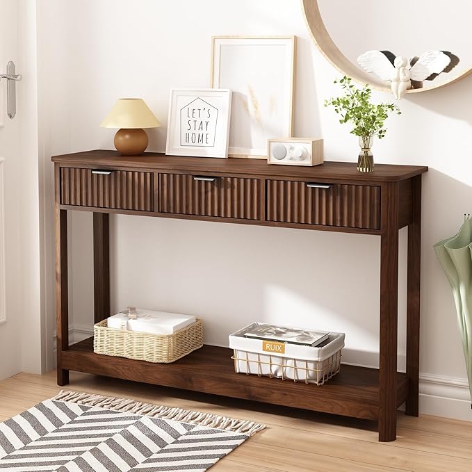 Set of 2 Console Table with Drawers, Modern 47.1" Entryway Table with Storage Shelf, Boho Narrow Skinny Behind Couch Wood Sofa Table for Living Room Hallway Entrance Foyer,Walnut