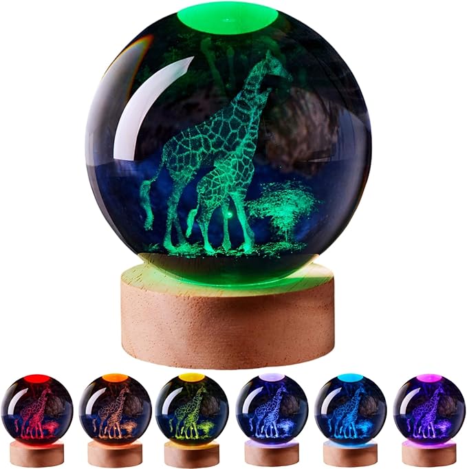 Giraffe Crystal Ball Lamp with LED Wooden Base, 16 Colors Change & Remote Control Crystal Ball Night Light, Upgraded 3.15 Inch Glass Light, Gift for Kids Wife Girlfriend (Giraffe)