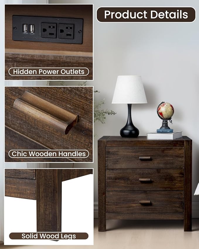 Karl home Nightstand with Charging Station, Farmhouse Nightstand for Bedroom, Pine Wood Night Stand with 3 Drawers, End Table Bedside Table with 2 USB Parts, Living Room, Entry Way, Brown