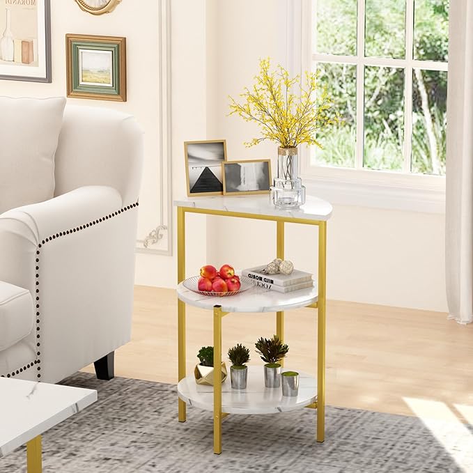 AWQM Faux Marble Table Set, Coffee Table & 2 Side Table, Faux Marble Tabletop and Metal Frame, 3 Piece Table Sets, for Living Room Apartment, White & Gold