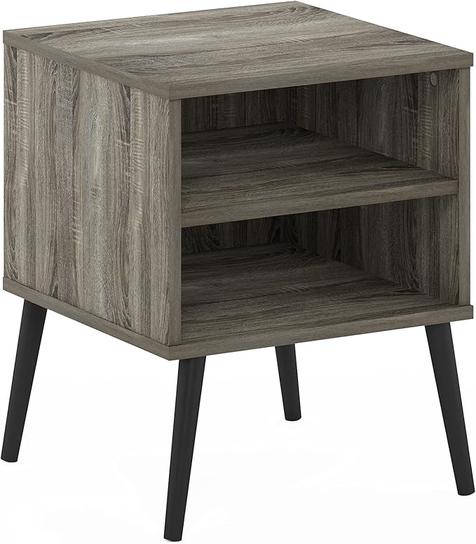 Furinno Claude Side Table, 2-Tier Square End Table with Wooden Legs, Open Shelf Night Stand, Bedside Table, for Living Room, Bedroom, French Oak Grey
