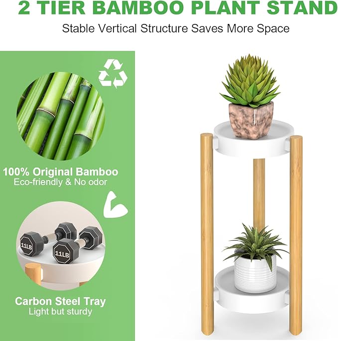 Wisuce Bamboo Plant Stands Indoor, 2 Tier Steel Tray Tall Corner Plant Stand Holder & Plant Display Rack for Outdoor Garden Indoor Home (2 Tier)
