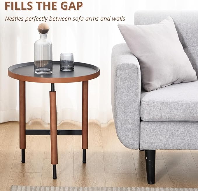 HEAH-YO Round Nesting Coffee Table Set of 2, Wood Tray Top Accent Table with Walnut Wrapped Metal Legs, Industrial & Farmhouse Side Table for Living Room/Office Reception, Black