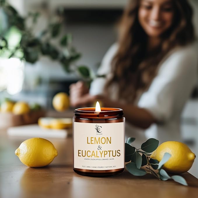Lemon Eucalyptus Scented Candles for Fall Home Decor, 7oz Birthday Candles, Floral Aromatherapy Chirstmas Candle for Bedroom Bath Birthday New Job House Warming Gifts Halloween Chirstmas Decor