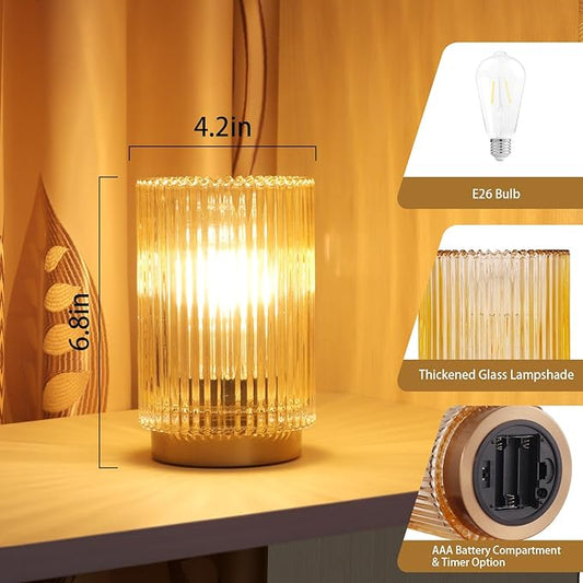 Battery Operated Lamp, Cordless Table Lamp with Timer, Desk Bedside Lamps with LED Warm Light, Glass Small Table Lamp for Bedroom, Bathroom, Living Room, Home Decor - Amber